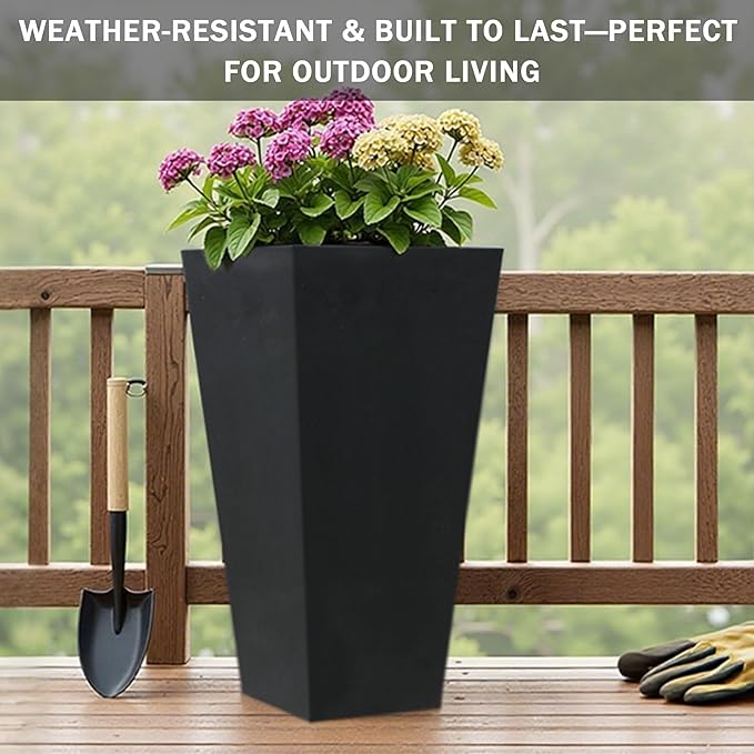 GreenShip 27" Tall Planters, Set of 2 – Black Outdoor Planter for Front Porch & Tall Plants, Weather-Resistant, with Drainage Hole & Rubber Plug (No Plants Included) (Black-2pcs)-Ruum Studio Home