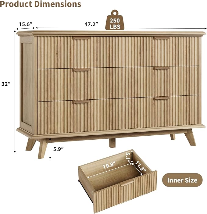 QUW Fluted Dresser for Bedroom with 6 Drawers, 47.2" Wide Modern Chest of Drawers with Metal Handle, Wooden Dresser TV Stand and Closet Clothes Storage Organizer for Living Room, Hallway, Natural Oak-Ruum Studio Home