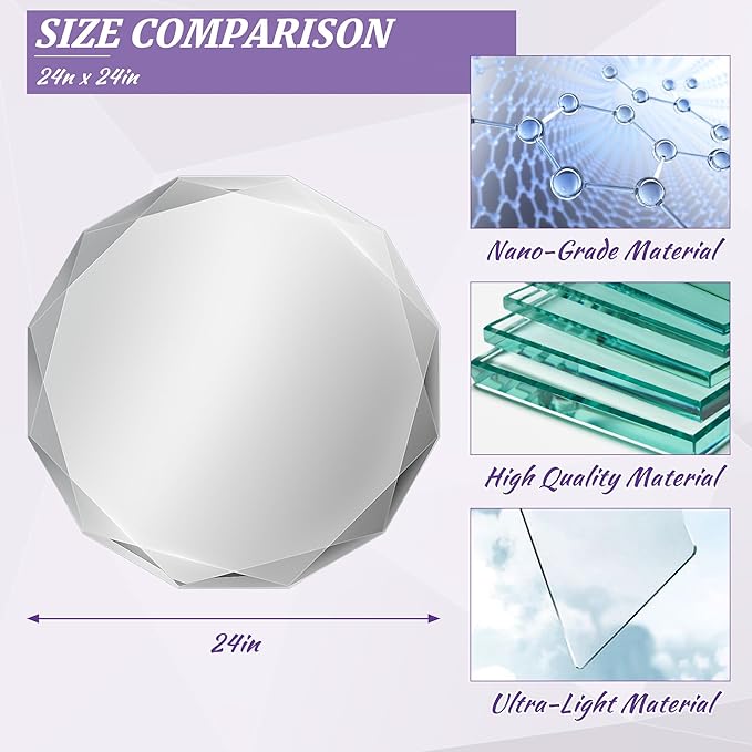 Bathroom Mirror for Wall, 24" x 24" Circle Bathroom Vanity Mirror, Beveled Edge Frameless Wall Mount Vanity Mirror, Decorative Round Irregular Beveled Edge-Ruum Studio Home
