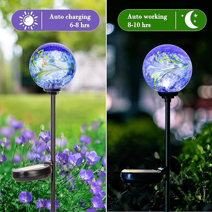 Solar Lights Outdoor Decorative Solar Outdoor Decorative Glass Ball Stakes Waterproof Garden Stake Glass LED Garden Globe Lights for Pathway Yard Lawn Decoration Blue-Ruum Studio Home