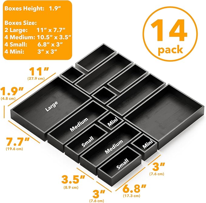 SpaceAid 14-Piece Bamboo Drawer Organizer Storage Boxes Set, Wood Tray Junk Drawer Organizers Multi-Use Divider Bins for Kitchen, Bathroom, Office Desk and Makeup Organization (14 Pack, Black)-Ruum Studio Home