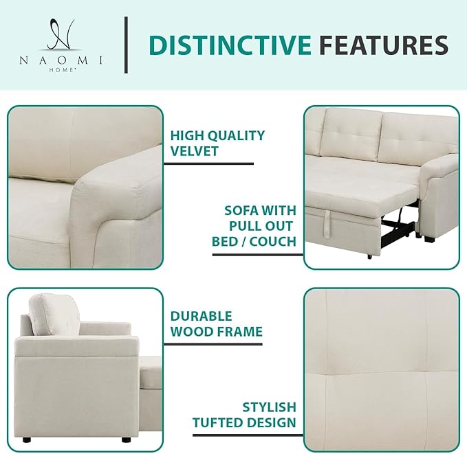 Naomi Home L-Shaped Reversible Sectional Sofa with Pull-Out Sleeper Bed and Storage Chaise, Cream Velvet-Ruum Studio Home