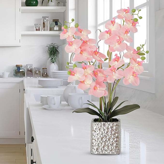 Orchid Artificial Flowers with Sliver Vase Large Silk Faux Phalaenopsis Flowers for Dining Room Table Floral Centerpieces Indoor Decoration,Pink-Ruum Studio Home