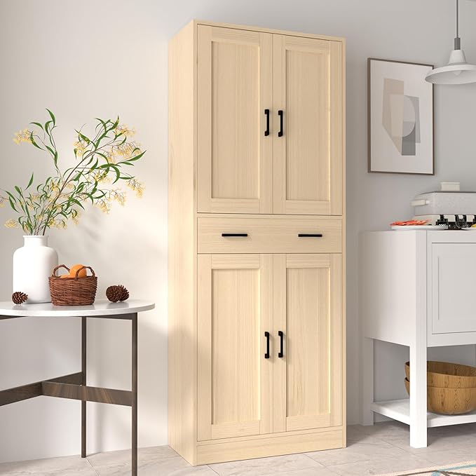 Oak Kitchen Pantry, 71" Tall Storage Cabinet with Doors and Drawer for Kitchen, Hallway, Office-Ruum Studio Home