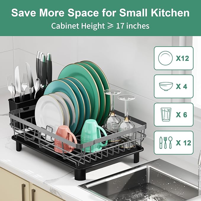 MOUKABAL Dish Drying Rack, Dish Rack, Large Dish Racks for Kitchen Counter, Drying Rack Kitchen with Removable Utensil Holder, Drainboard (Grey/Gray)-Ruum Studio Home