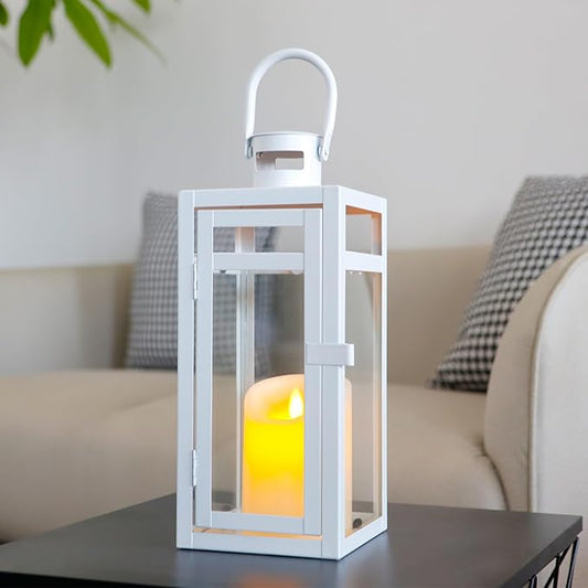 TRIROCKS Stainless Steel Decorative Lantern 12'' High Metal Candle Holder with Clear Glass Panels Perfect for Home Decor Living Room Parties Events Tabletop Indoor Outdoor (White)-Ruum Studio Home