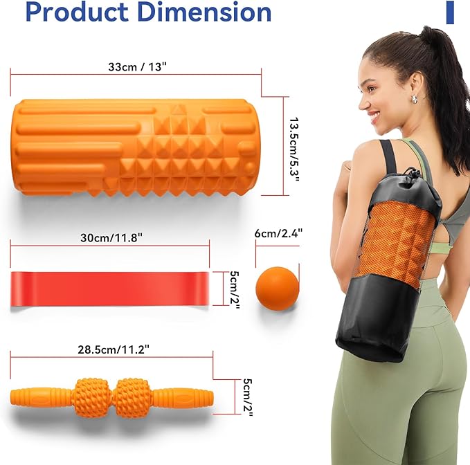 5 in 1 Foam Roller Set - Deep Tissue Foam Roller, Muscle Roller Stick, Massage Ball, Resistance Band for Physical Therapy & Deep Tissue Muscle Massage (Orange)-Ruum Studio Home