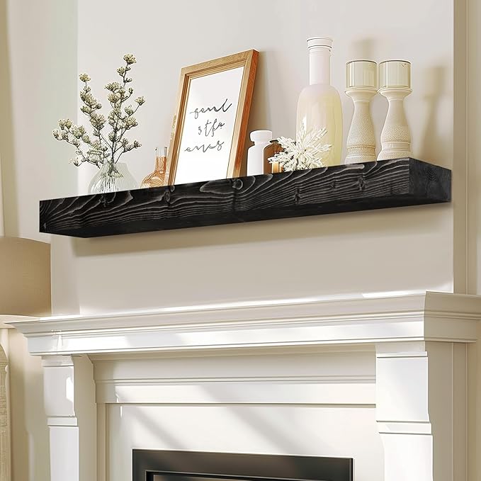 48x7x3 Fireplace Mantel - Solid Rustic Wood - Wall Mounted Floating Shelf with Invisible Heavy Duty Steel Bracket (Weathered Black)-Ruum Studio Home