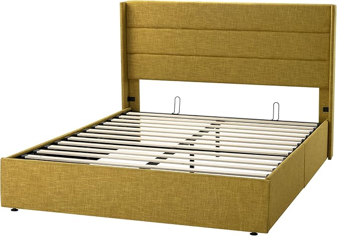 Allewie Queen Size Lift Up Storage Bed, Modern Wingback Headboard, Hydraulic Support, No Box Spring Needed, Olive Yellow-Ruum Studio Home