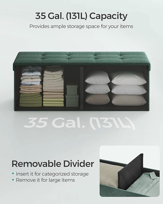 SONGMICS MAZIE Collection - 43 Inches Folding Storage Ottoman Bench, Ottoman Foot Rest, End of Bed Bench, Storage Chest, Load 660 lb, for Living Room, Bedroom, Entryway, Retro Green ULSF077C01-Ruum Studio Home
