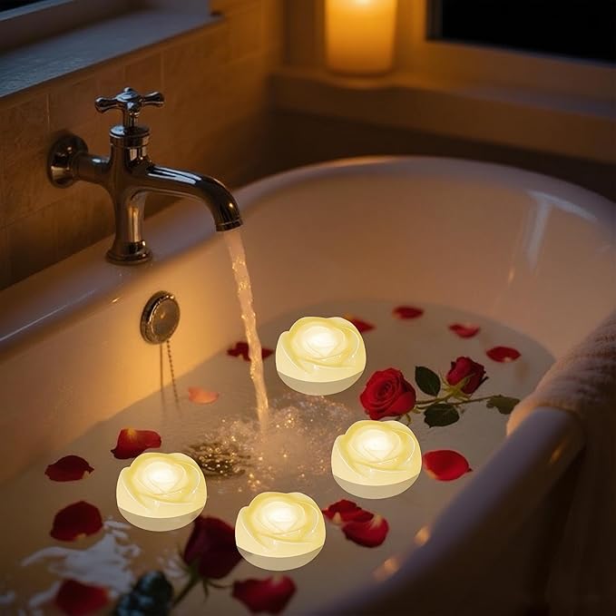 Aignis 12pcs Flameless LED Floating Candles, Ivory Rose Plastic Tealights Battery Operated, 120+ Hours Glow Time, Cozy Light for Romantic Pool/Bathtub/Hot Bath/Wedding Centerpiece Decor(D2.83*H1.42)-Ruum Studio Home