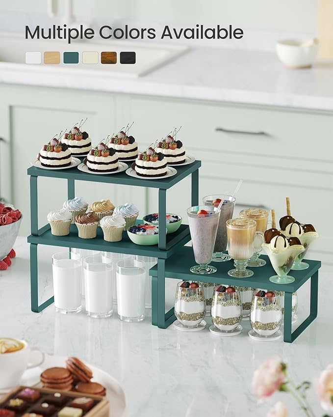 SONGMICS Cabinet Organizer Shelf, Set of 3 Kitchen Counter Shelves, Kitchen Storage, Spice Rack, Stackable, Expandable, Cascade Green UKCS220C01V1-Ruum Studio Home