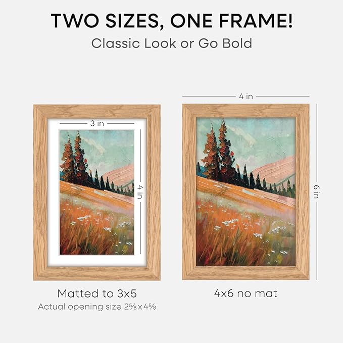 Homeforia 4x6 Picture Frame Wood, High End Natural Oak 4x6 Light Wooden Frames with Mat 3x5 for Photo, 4 x 6 Frame Matted to 3 x 5 Print, 6x4 Wall or Tabletop Frame, Tempered Glass, Wall Kit, Set of 1-Ruum Studio Home