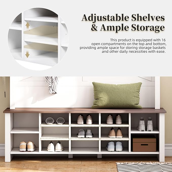 Ball & Cast 4-in-1 Hall Tree with 6 Hooks,Walnut Entryway Bench with Adjustable Shelves,Rustic Shoe Organizer with 16 Open Compartments,for Mudroom,Living Room,Hallway,White-Ruum Studio Home