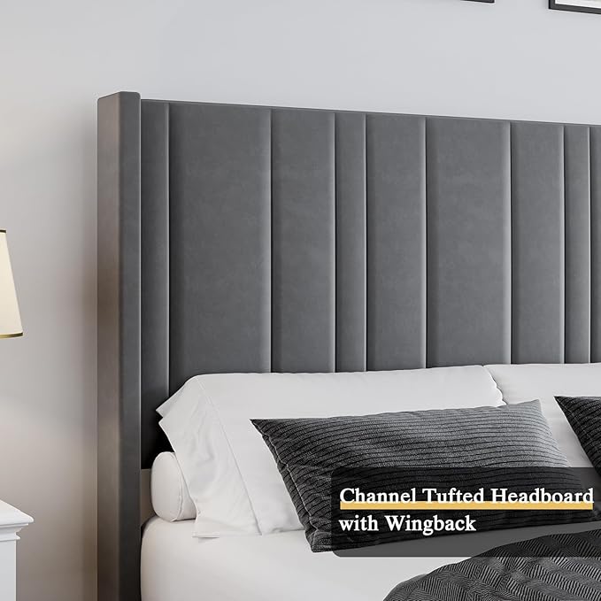 HOMBCK Queen Bed Frame Upholstered Bed with Velvet Headboard & Footboard, Vertical Channel Tufted Design/Wooden Slats/Noise Free/No Box Spring Needed/Easy Assembly, Grey-Ruum Studio Home
