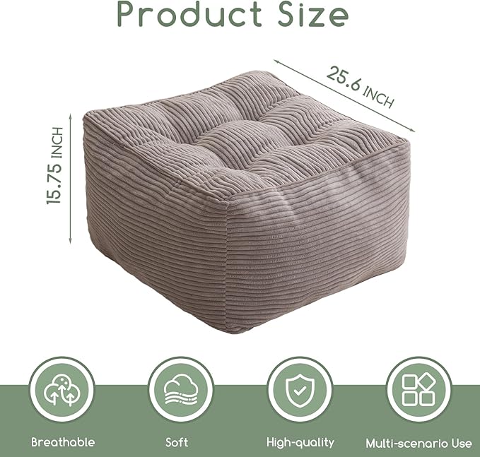 HIGOGOGO Square Stuffed Pouf Ottoman, Corduroy Poufs with Foam Chunk Filling, Furry and Fluffy Pouf Foot Stool Storage Ottoman, 25.6 X 25.6 Floor Poufs Foot Rest for Living Room, Grey-Ruum Studio Home