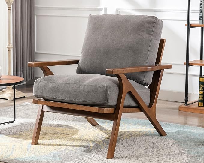 HNY Mid Century Arm Chair, Upholstered Accent Armchair with Wood Frame and Canvas Cushions, Leisure Reading Chair Slipper Chair for Living Room, Bedroom, Gray-Ruum Studio Home