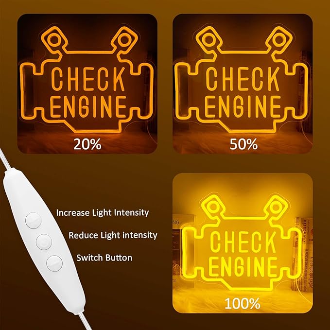 Check Engine Neon Signs for wall decor, Garage Neon Sign for Man Cave, Piston Engine Led Light Signs with Dimmer, Piston Decoration USB Powered with Switch-Ruum Studio Home