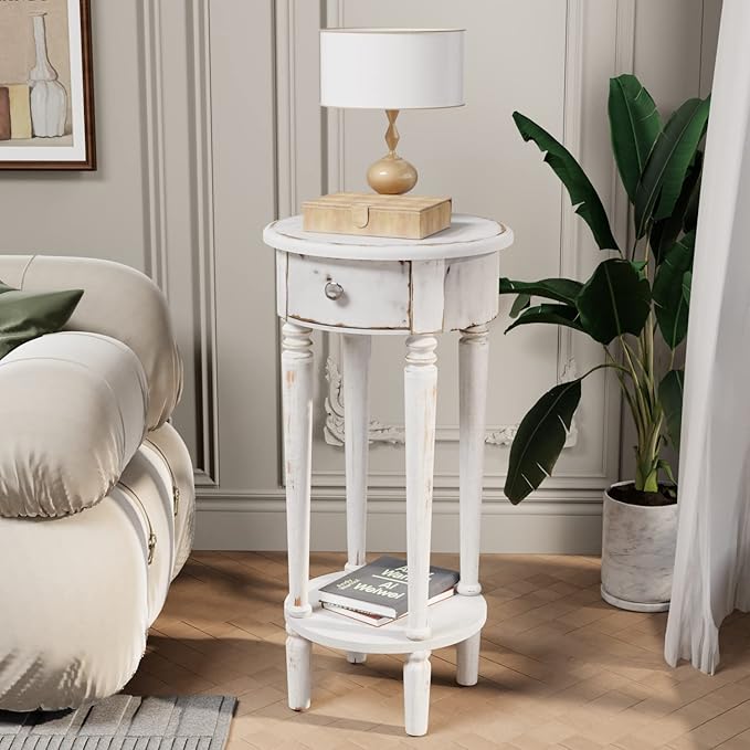 COSIEST Tall End Table with Drawer Sets of 2, Round Nightstand Bedside Table with Storage Shelf, Industrial Telephone End Table for Living Room, Bedroom, Hall Way, Space Saving-Ruum Studio Home