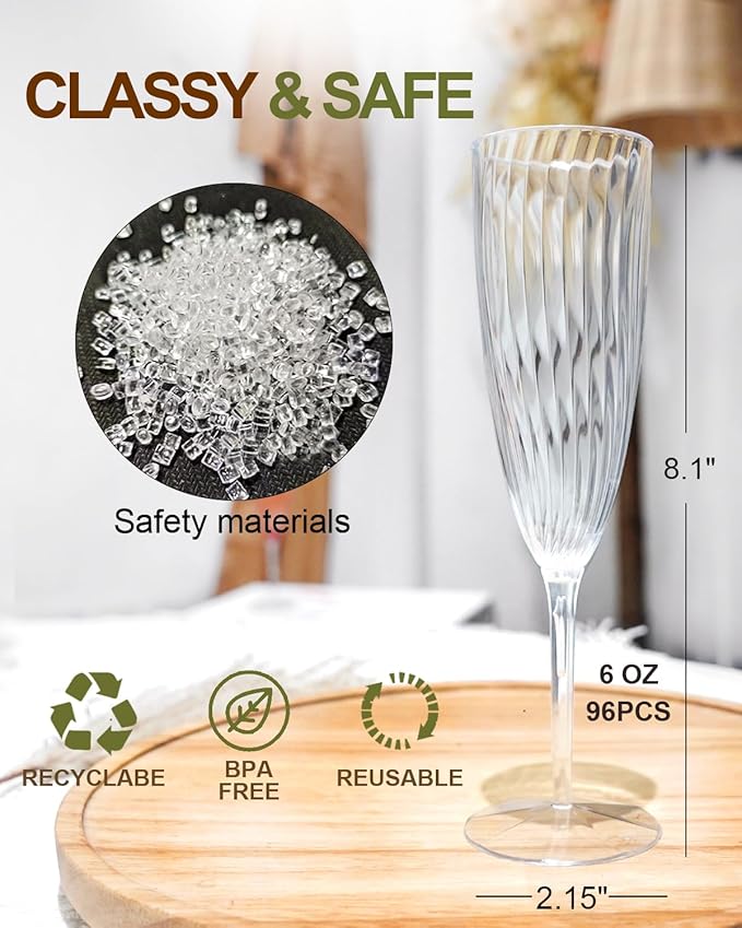 Clear Plastic Champagne Flutes, 96 PCS Disposable Reusable Cocktail Cups for Home Daily Life Party Birthday Wedding Toasting Drinking Champagne (6 oz)-Ruum Studio Home