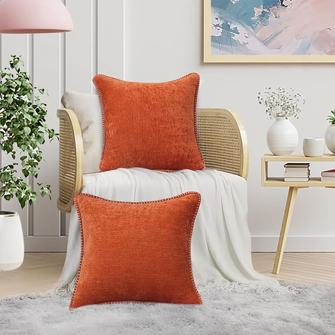 decorUhome Fall Chenille Soft Throw Pillow Covers 26x26 Set of 2, Farmhouse Velvet Neutral Decorative Euro Pillow Covers with Stitched Edge for Couch Sofa Bed Home Decor, Rust-Ruum Studio Home
