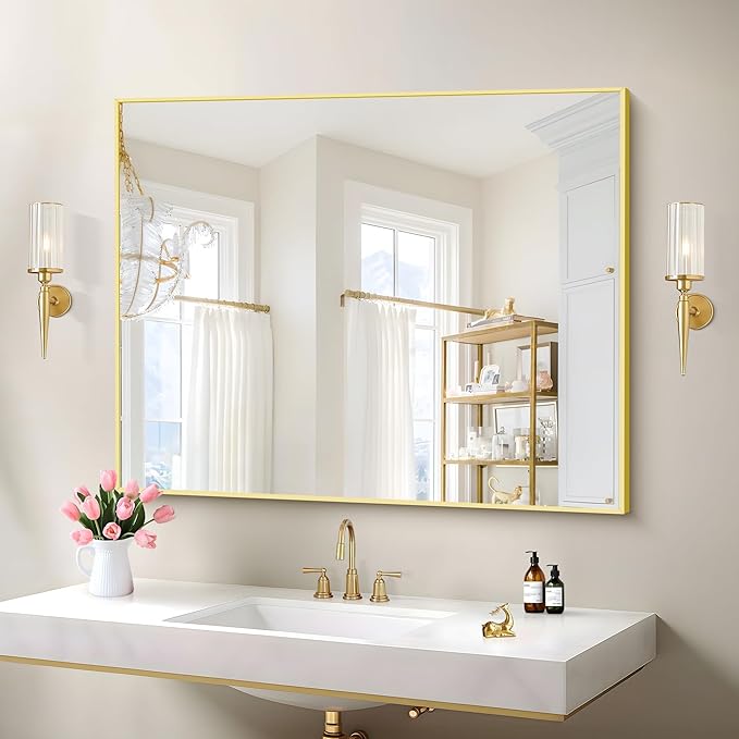 Gold Bathroom Mirror for Wall, 30x36 Inch Rectangle with Metal Frame, Modern Vanity for Bathroom Living Room, Entryway Hangs Horizontal or Vertical-Ruum Studio Home