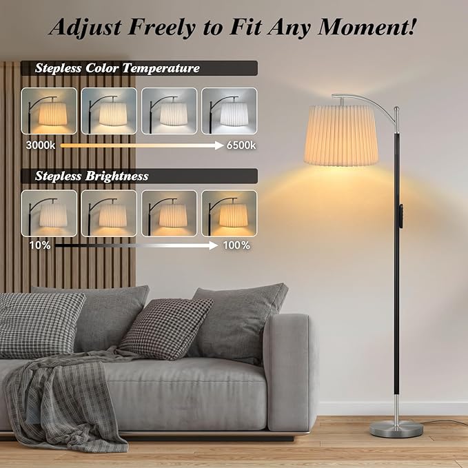 Floor Lamp, LED Floor Lamp with APP & Remote & Touch Control, Stepless Color Temperatures and Brightness, Tall Standing Lamp with Pleated Lampshade for Living Room, Bedroom, Office(Black Nickel)-Ruum Studio Home