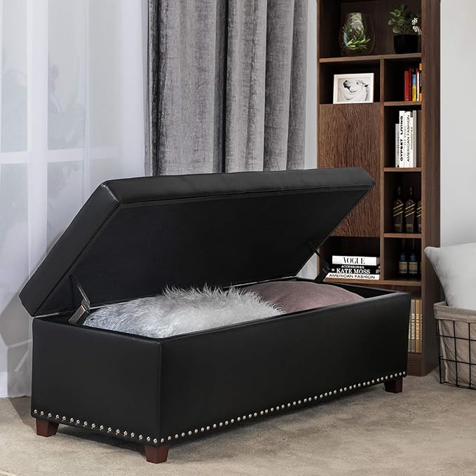 Joveco 47 Inch Storage Ottoman Bench,Tufted Leather Storage Bench with Nailhead Trim for Bedroom (47”,Black)-Ruum Studio Home