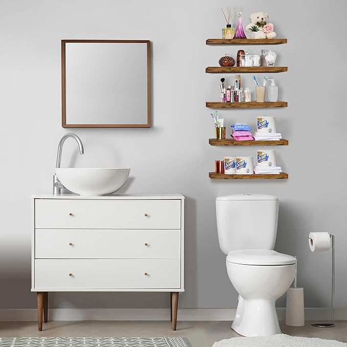 Sorbus Floating Shelves for Wall, Bathroom Shelves Wall Mounted for Kitchen, Bedroom, Living Room, Bathroom Storage, Over Toilet, Hanging Book Shelf for Ｗall Home Decor (Rustic Brown, 5 Pack)-Ruum Studio Home