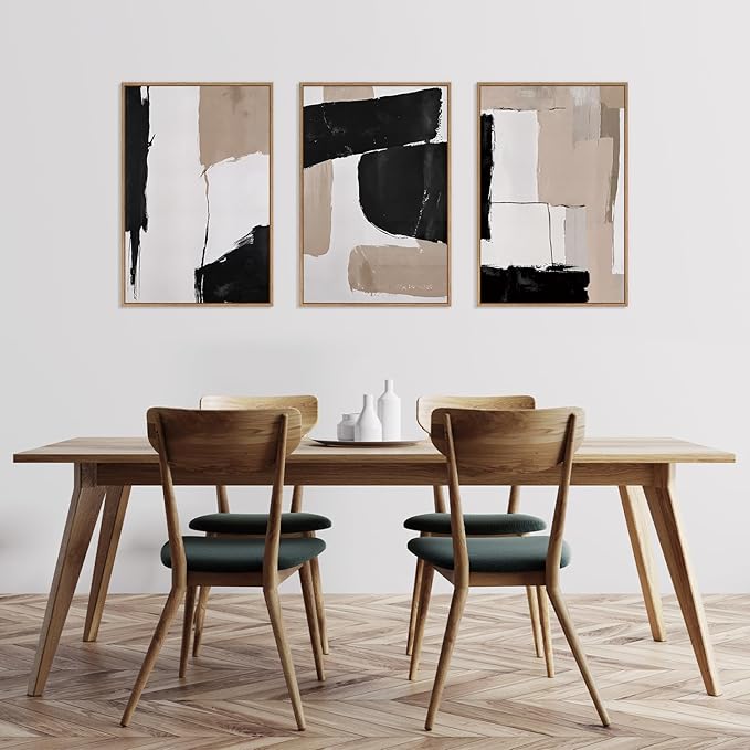 HLNIUC Large Framed Neutral Abstract Canvas Wall Art,Black and White Abstract Wall Decor Set of 3(16”X24”)Modern Minimalist Color Block Art Print,Beige Mid Century Wall Painting for Living Room,Office-Ruum Studio Home