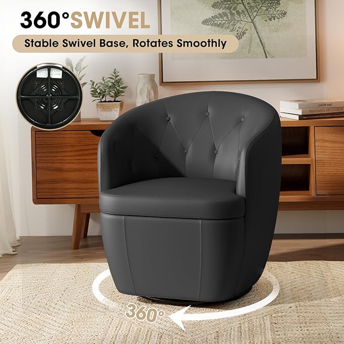 360° Swivel Leather Accent Chair, Modern Barrel Club Chair with Leather Upholstery and Sturdy Base, Comfortable Armchair for Living Room, Bedroom, Reading Nook, Brown-Ruum Studio Home