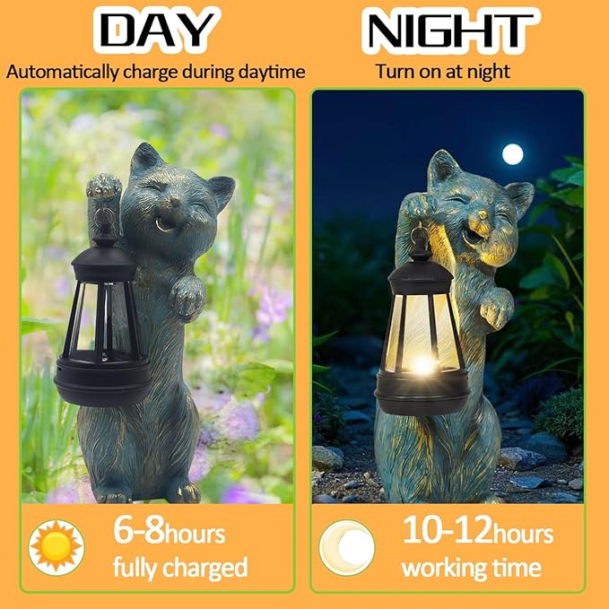 Garden Statues Cat with Solar Lantern Outdoor Bunny Figurines Decorations for Patio Yard Lawn Ornaments Gifts for Birthday Easter Housewarming Mother's Day-Ruum Studio Home