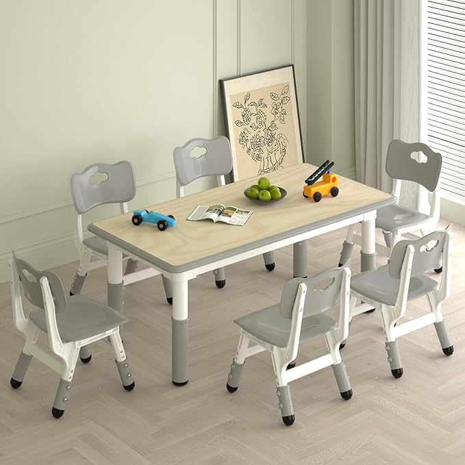 Kids Study Table and 6 Chairs Set,Height Adjustable Table and Chairs for Children and Toddlers,47.2"X23.6"Graffiti Desktop,Suitable for Daycare,Classrooms, Home-Ruum Studio Home