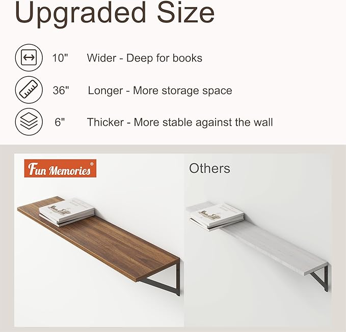 36"W x 10"D Floating Shelves, 10 Inch Deep Walnut Floating Shelves, Farmhouse Rustic Deep Wall Shelves for Home Decor, Wide Large Floating Shelf for Bathroom, Living Room, Kitchen, Study Room-Ruum Studio Home