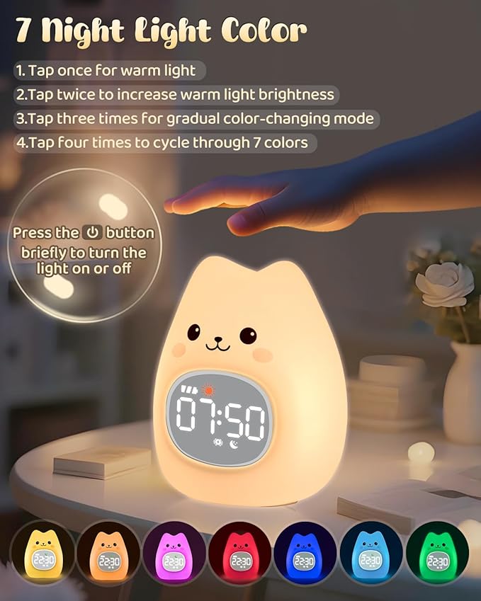Cat Alarm Clock for Kids with Night Light, Sleep Training Clock Time to Wake Clock, Rechargeable Silicone Light for Bedroom, Perfect Sleep Companion for Boys Girls-Ruum Studio Home