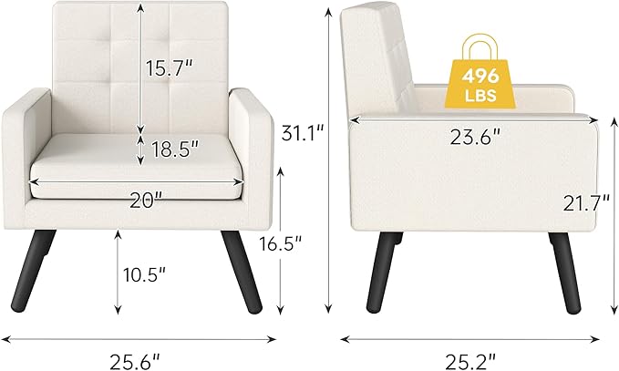 Kromax Mid-Century Modern Accent Chair for Living Room, 496 Lb. Weight Capacity, Dual Armrests, Comfy Extra Large Seat, Timeless Style Perfect for Reading & Relaxing, Beige-Ruum Studio Home