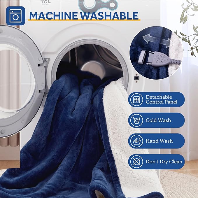 Sealy Electric Blanket Throw Size 50"*60",Super Cozy Flannel to Sherpa Reversible Heated Blanket Throw with 6 Heating Levels & 2-10 Hours Auto Off Overheating Protection Machine Washable,Navy-Ruum Studio Home