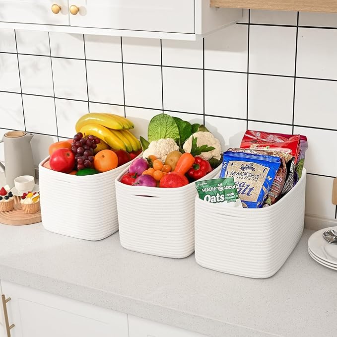 3-Pack Shelf Baskets for Organizing, Woven Storage Basket for Shelves, Cotton Rope Storage Bins for Toys Books, Nursery Towel Baskets for Classroom, 14.96"X9.8"X8.85", White-Ruum Studio Home