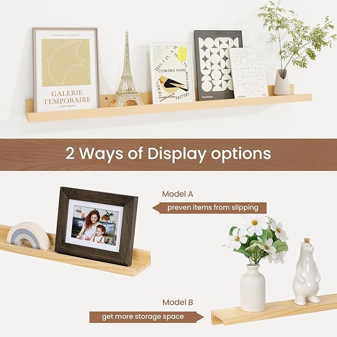Picture Ledge Shelf, Solid Pine Wood Floating Shelves Set of 2, 32 Inches Nursery Book Shelves for Toys Storage, Kids Bookshelf Wall Mounted for Living Room Decor Photo Frames, Unfinished Natural-Ruum Studio Home