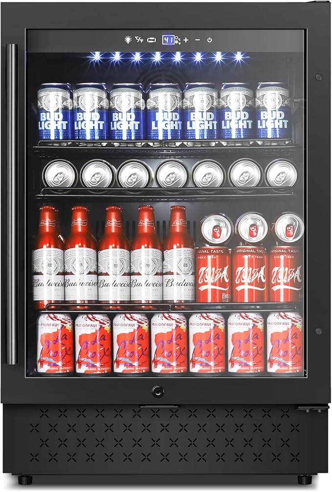 Tylza Beverage Refrigerator 24 Inch, Under Counter/Freestanding Drink Fridge, 190 Cans Beverage Cooler with Glass Door, Reversible Door, Low Noise, Quick Cooling - for Beer, Soda, ETC, Black-Ruum Studio Home
