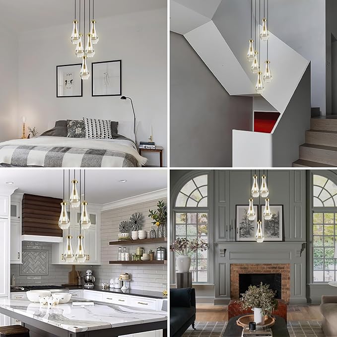 Gold 5 Light Cluster Pendant Lighting, Raindrop Chandeliers Brass Dining Room Lights Fixture, Teardrop Pendant Lights Kitchen Island, Hanging Lamp Ceiling for Entryway Foyer Staircase-Ruum Studio Home