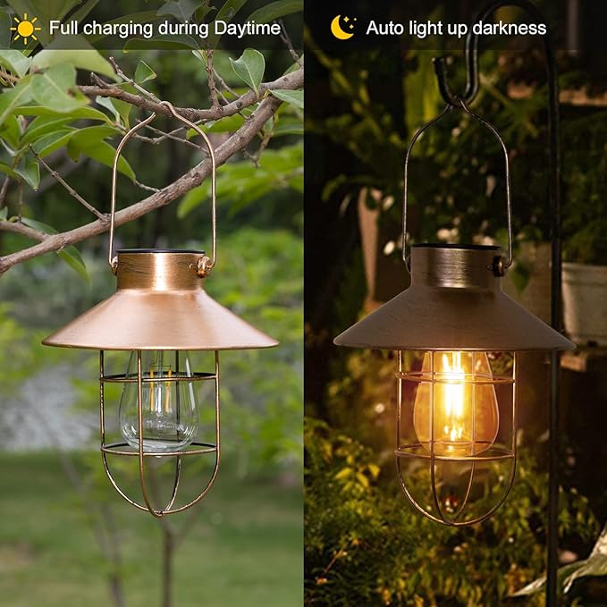 pearlstar Solar Lantern Outdoor Hanging Light Metal Farmhouse Solar Lamp with Warm White Edison Bulb Design for Garden Yard Patio Porch Decor (Brushed Copper)-Ruum Studio Home