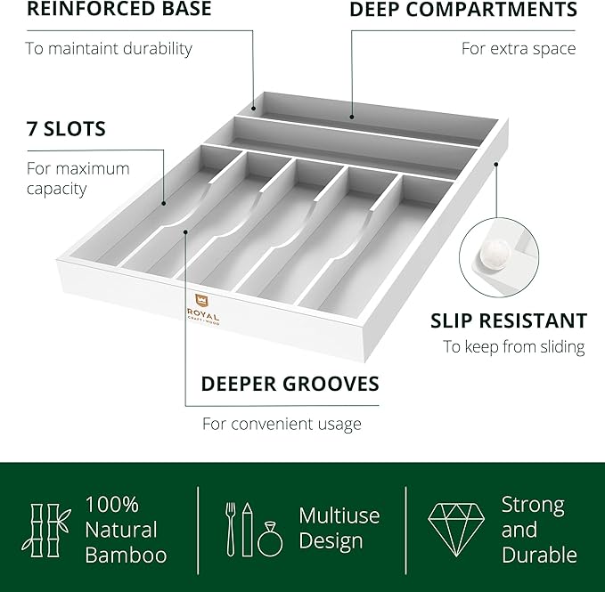 ROYAL CRAFT WOOD Luxury Bamboo Kitchen Drawer Organizer - Silverware Organizer - Utensil Holder and Cutlery Tray with Grooved Drawer Dividers for Flatware and Kitchen Utensils (7 Slot, White)-Ruum Studio Home