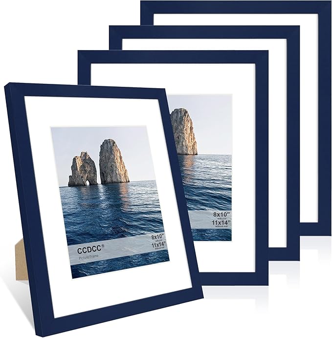 11x14 Picture Frame Set of 4, 11 x 14 Wood Photo Frames with Mat for 8x10, Natural Wooden Frame with Real Glass Cover for Wall and Tabletop Display,Blue-Ruum Studio Home
