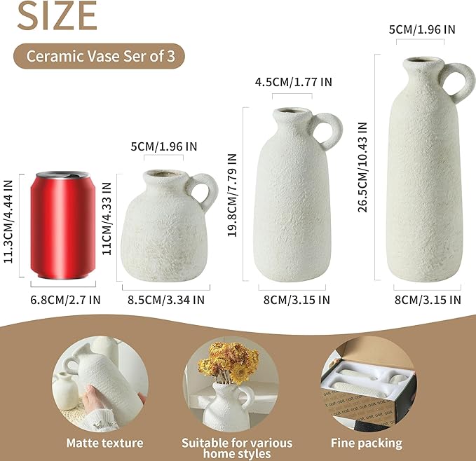 Ceramic Vase Set of 3 with Handle, Neutral Rustic Vases Home Decor Farmhouse Decorative Vase Whitewashed Pottery Decor Modern for Table Mantel Entryway Bookshelf Living Room Kitchen Bedroom - White-Ruum Studio Home