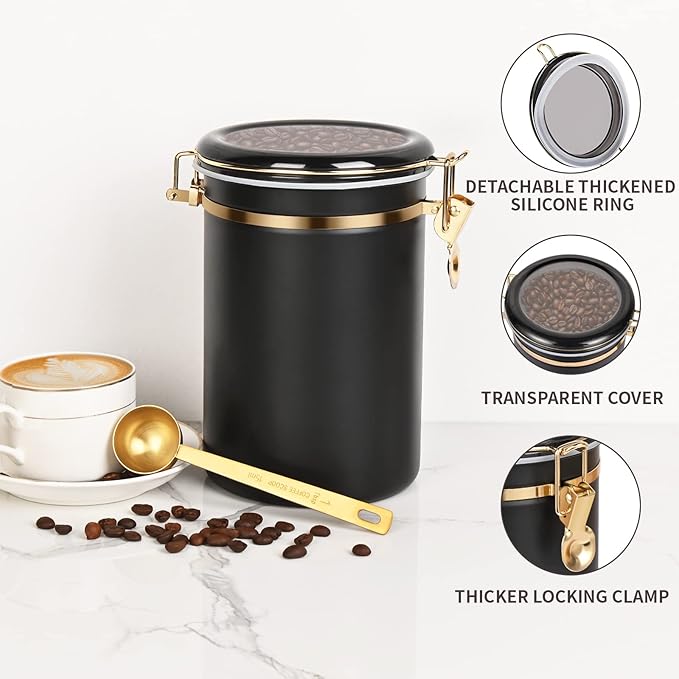 Yangbaga 304 Stainless Steel Coffee Canisters for Ground Coffee,2 x 63OZ Coffee Container with Shelf Coffee Bean Storage, Food Storage Jar with Gold Airtight Locking Clamp and Spoon for Kitchen-Ruum Studio Home