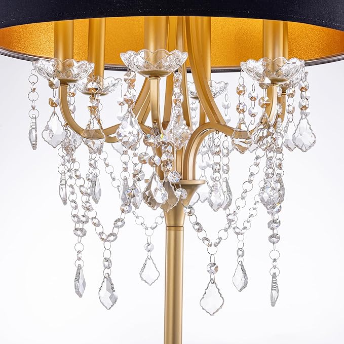 Wellmet Gold Crystal Drum Shade Floor Lamp, 6 Light Black Gold Shade, Candle Base for Living Room, Bedroom, Reading Room, Hallway, Corridor-Ruum Studio Home