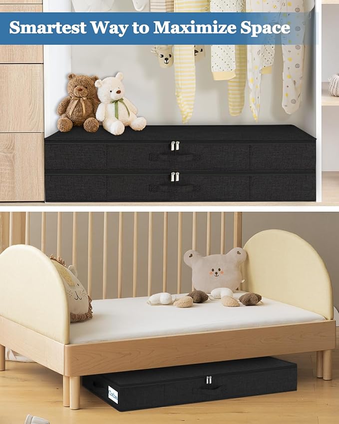 Cirhy Under Bed Storage Containers, 4.5 Inch Tall Low Profile Under Bed Storage with Sturdy Sidewalls & Bottom, UnderBed Storage for Clothes,Shoes, Pillow, Blankets Organizer, 2 Pack Black-Ruum Studio Home