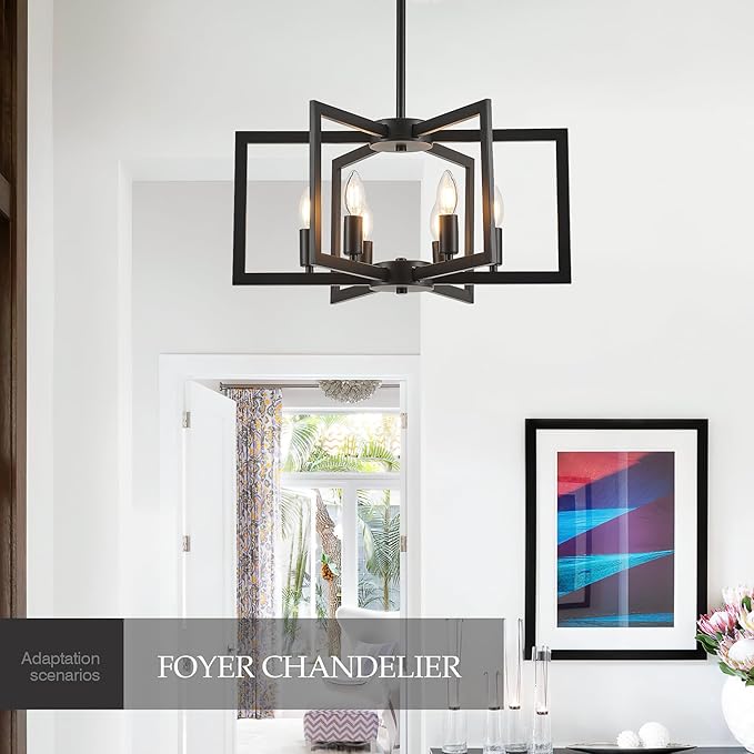 Modern Farmhouse Black Chandeliers for Dining Room, 6-Light Industrial Metal Chandeliers Geometric Pendant Lights Kitchen Island for Entryway Stairway Foyer Hallway-Ruum Studio Home