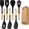 Silicone Kitchen Utensil Set for Non Stick Cookware, 7 Pcs Heat Resistant Cooking Utensils with Wooden Handle, BPA Free Kitchen Tools with Spatulas, Spoons, Skimmer and Pasta Fork (BLACK)-Ruum Studio Home